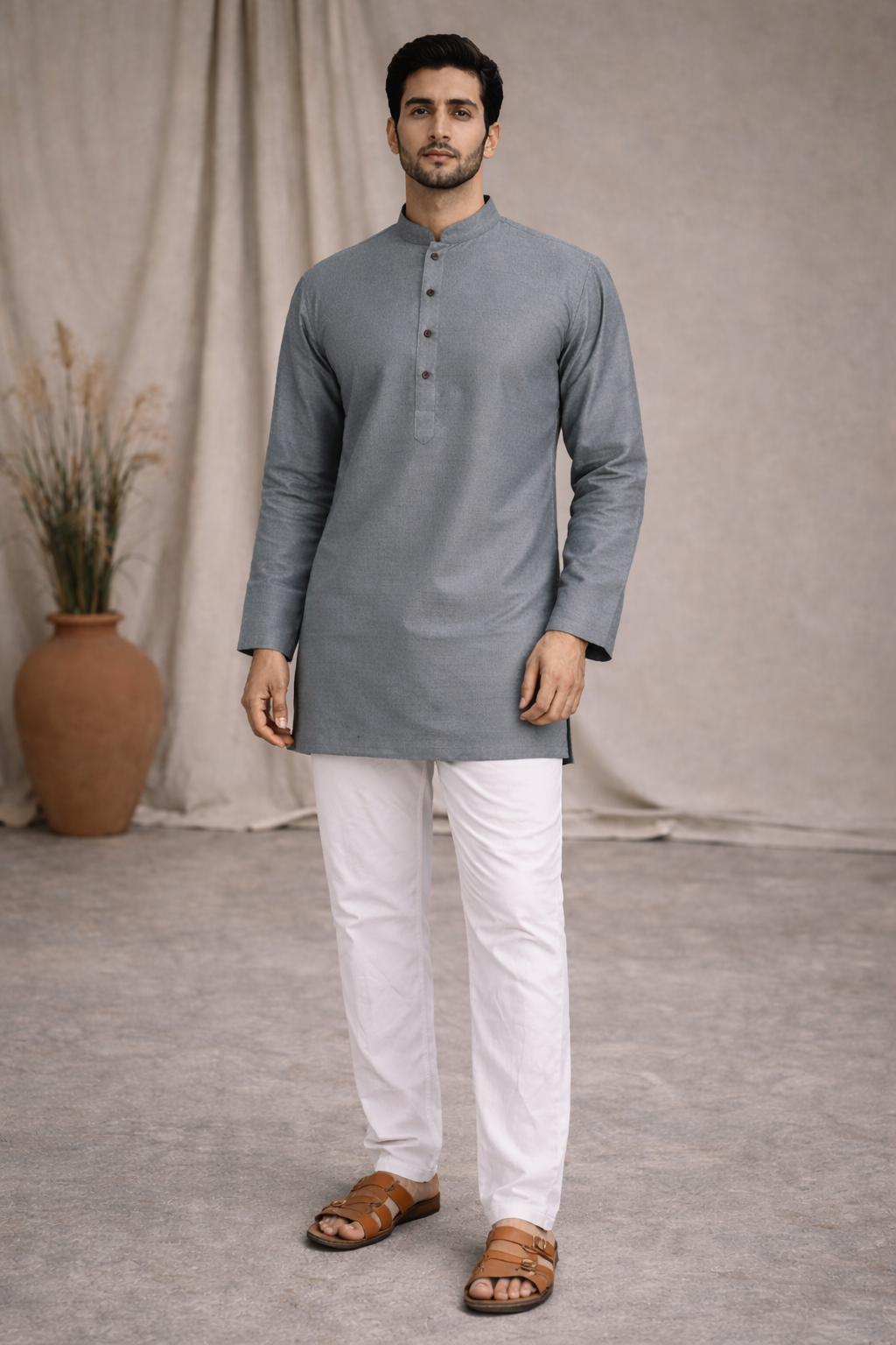 Tattva Men Silver-Toned Applique Mandarin Collar Kurta