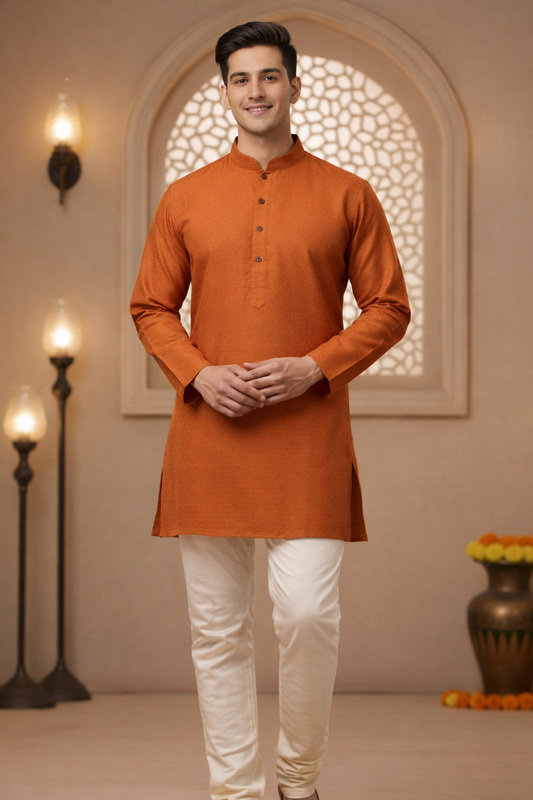 Tattva Men Orange-Toned Applique Mandarin Collar Kurta