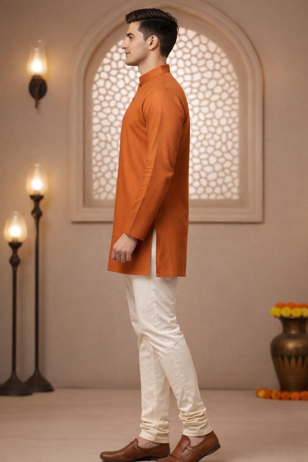 Tattva Men Orange-Toned Applique Mandarin Collar Kurta