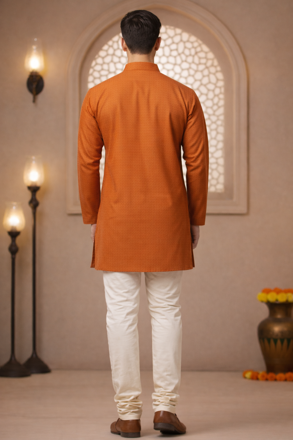 Tattva Men Orange-Toned Applique Mandarin Collar Kurta
