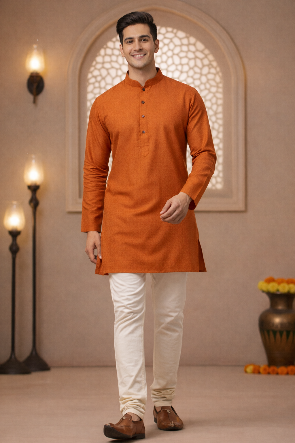 Tattva Men Orange-Toned Applique Mandarin Collar Kurta