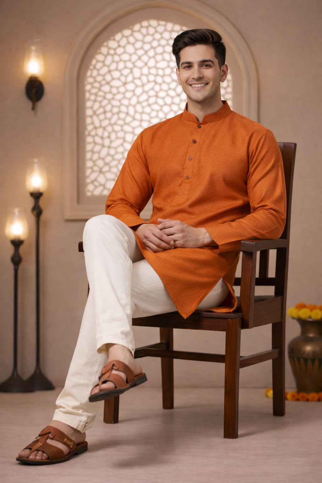 Tattva Men Orange-Toned Applique Mandarin Collar Kurta