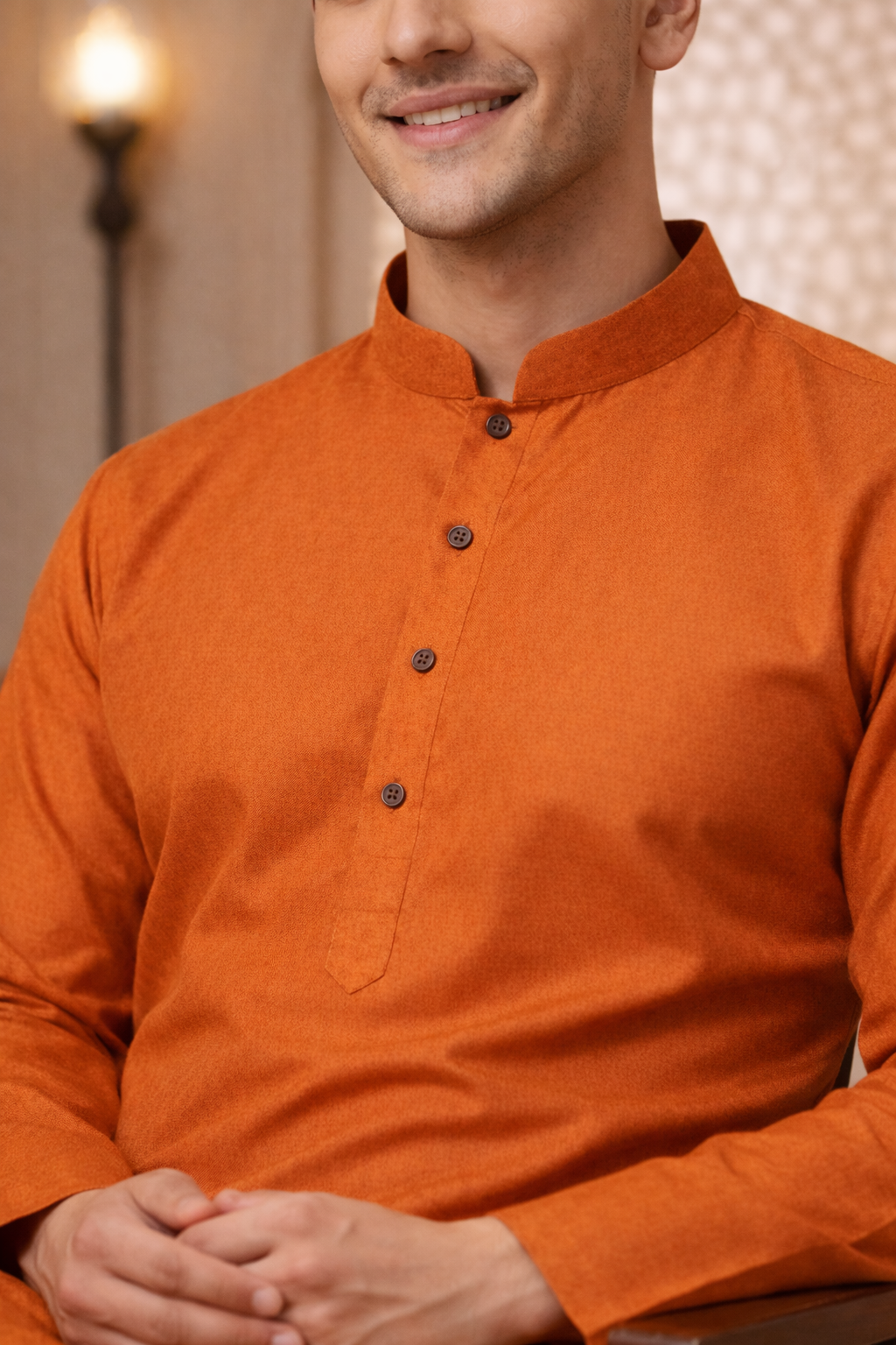 Tattva Men Orange-Toned Applique Mandarin Collar Kurta