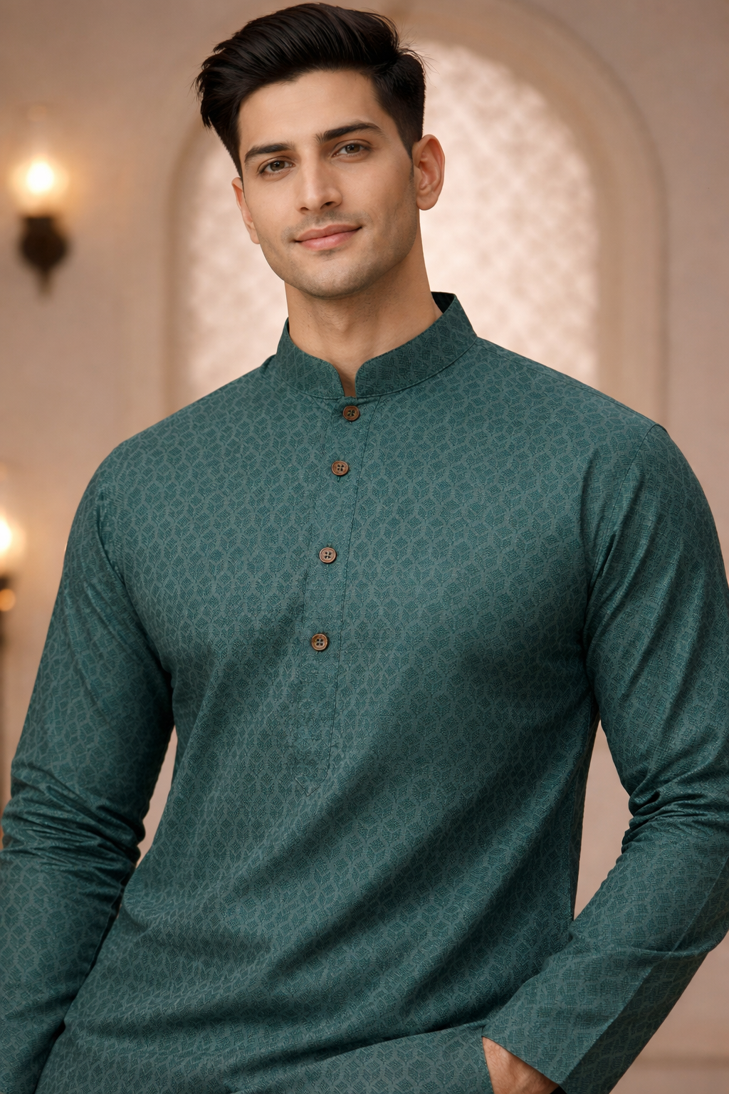 Tattva Men Green-Toned Applique Mandarin Collar Kurta