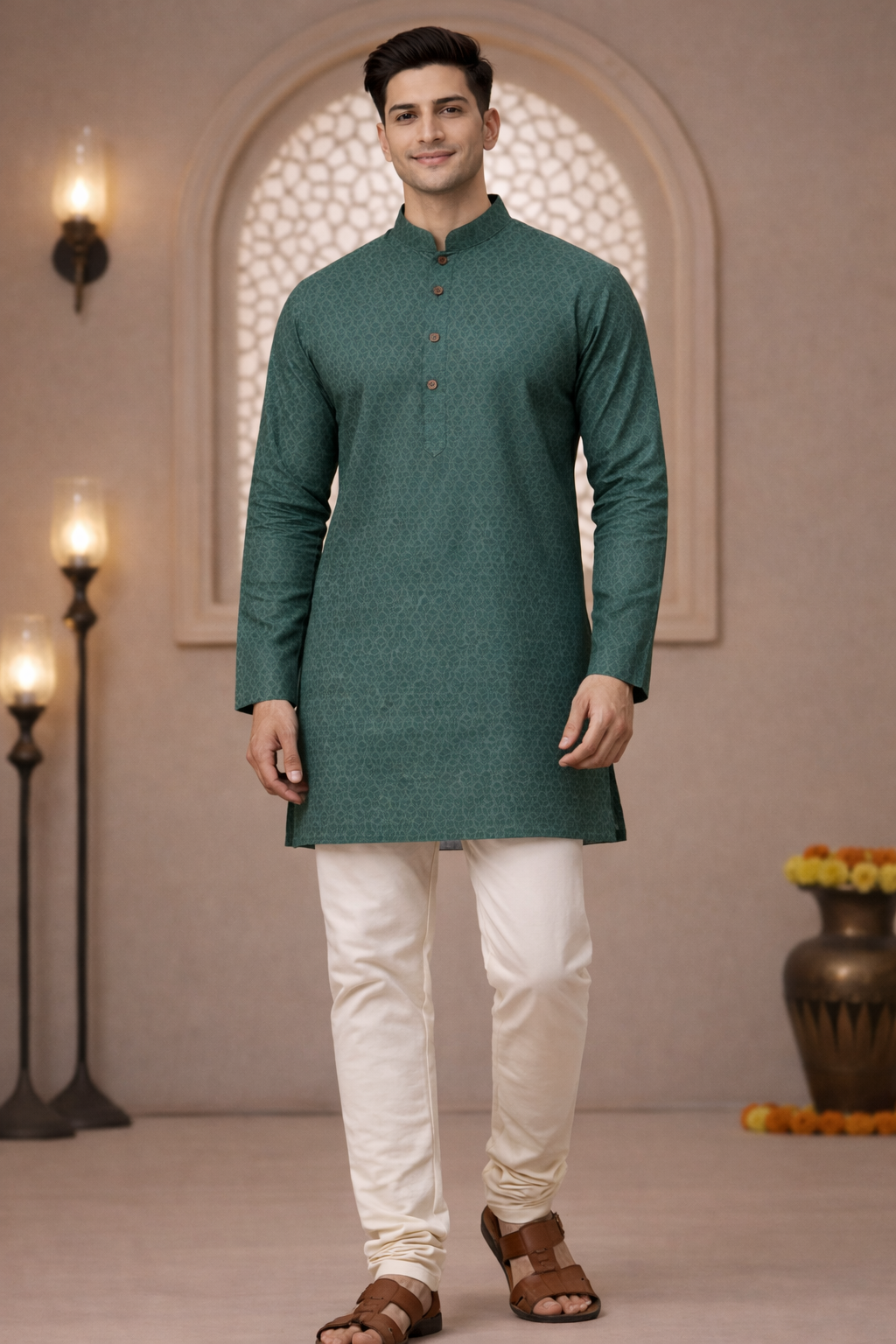 Tattva Men Green-Toned Applique Mandarin Collar Kurta