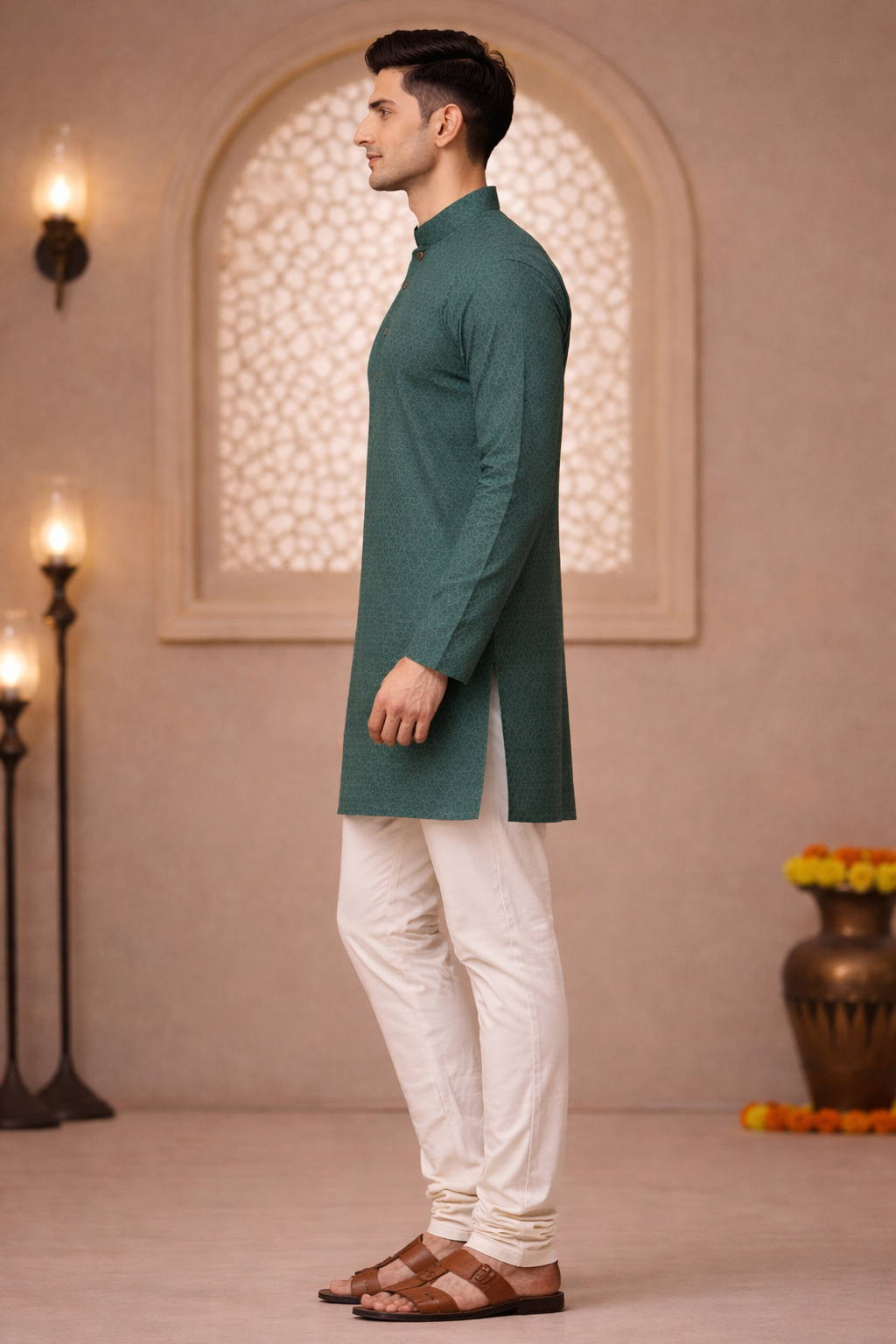 Tattva Men Green-Toned Applique Mandarin Collar Kurta