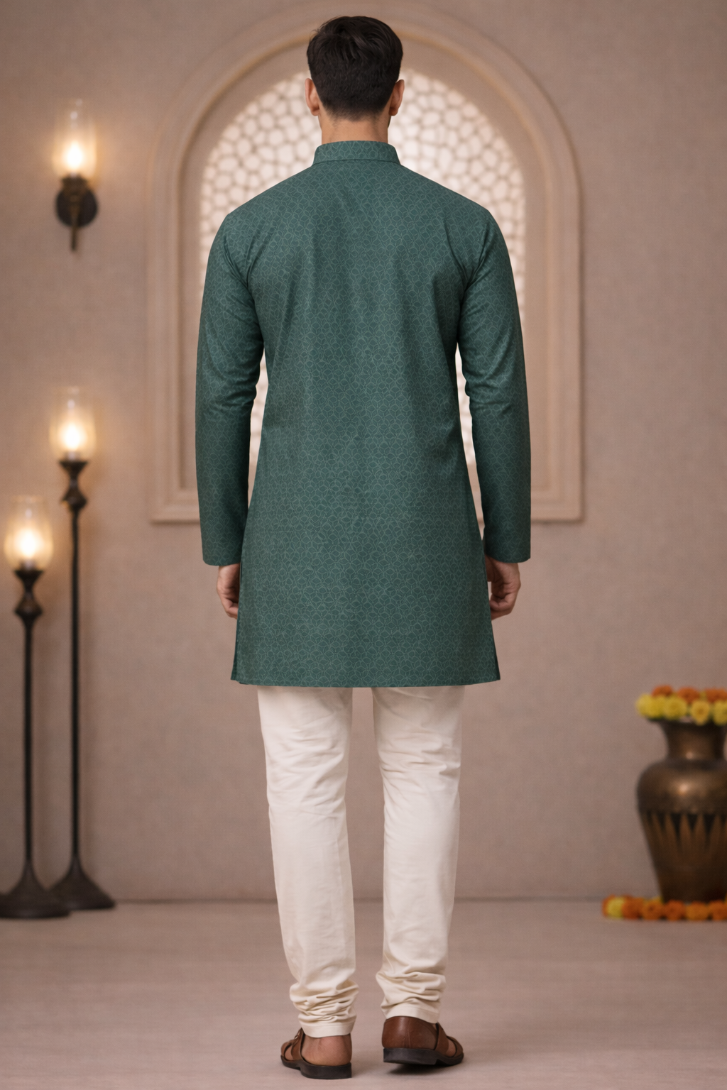 Tattva Men Green-Toned Applique Mandarin Collar Kurta
