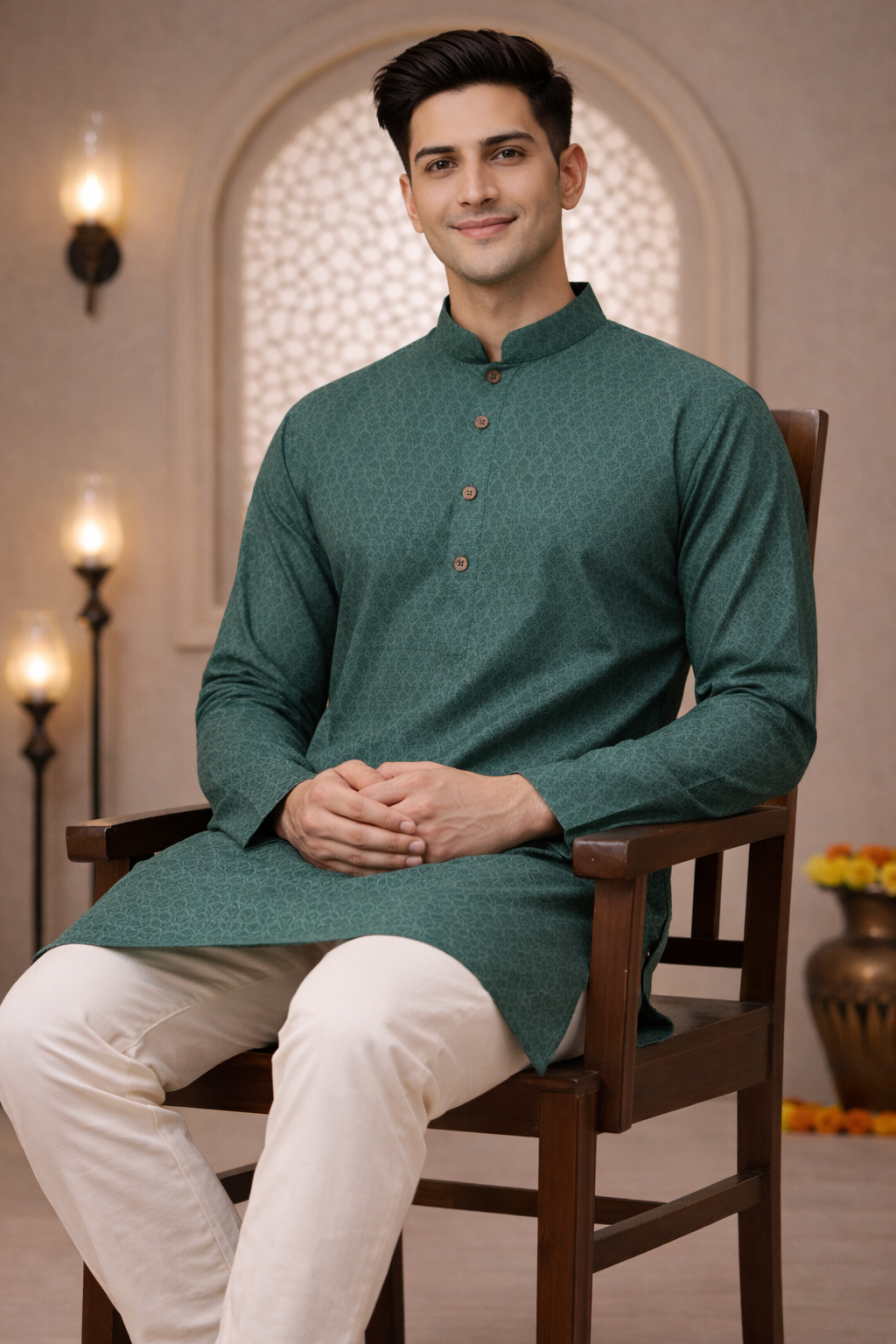 Tattva Men Green-Toned Applique Mandarin Collar Kurta
