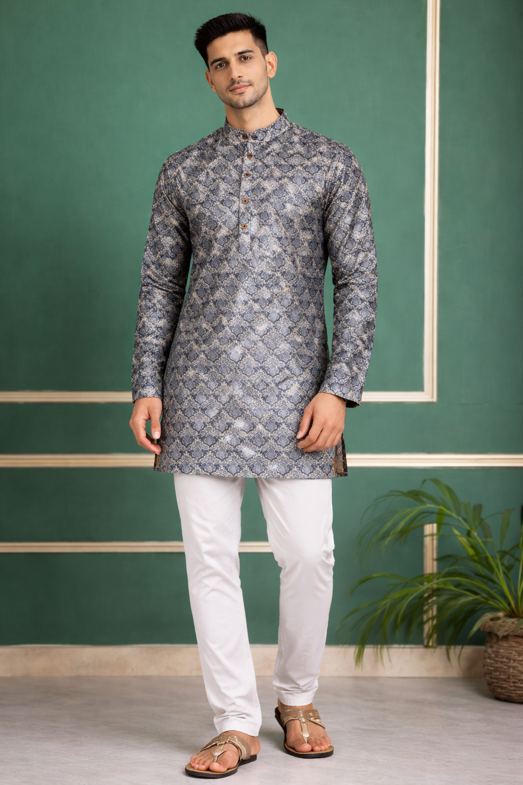Tattva Men Mandarin Collar Abstract Printed Straight Kurta