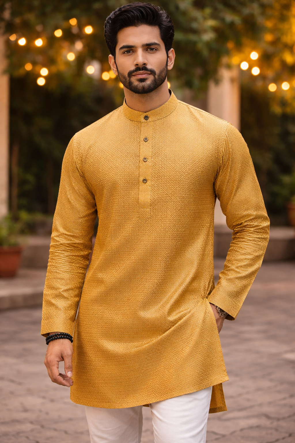 Tattva Men Woven Design Band Collar Straight Kurta