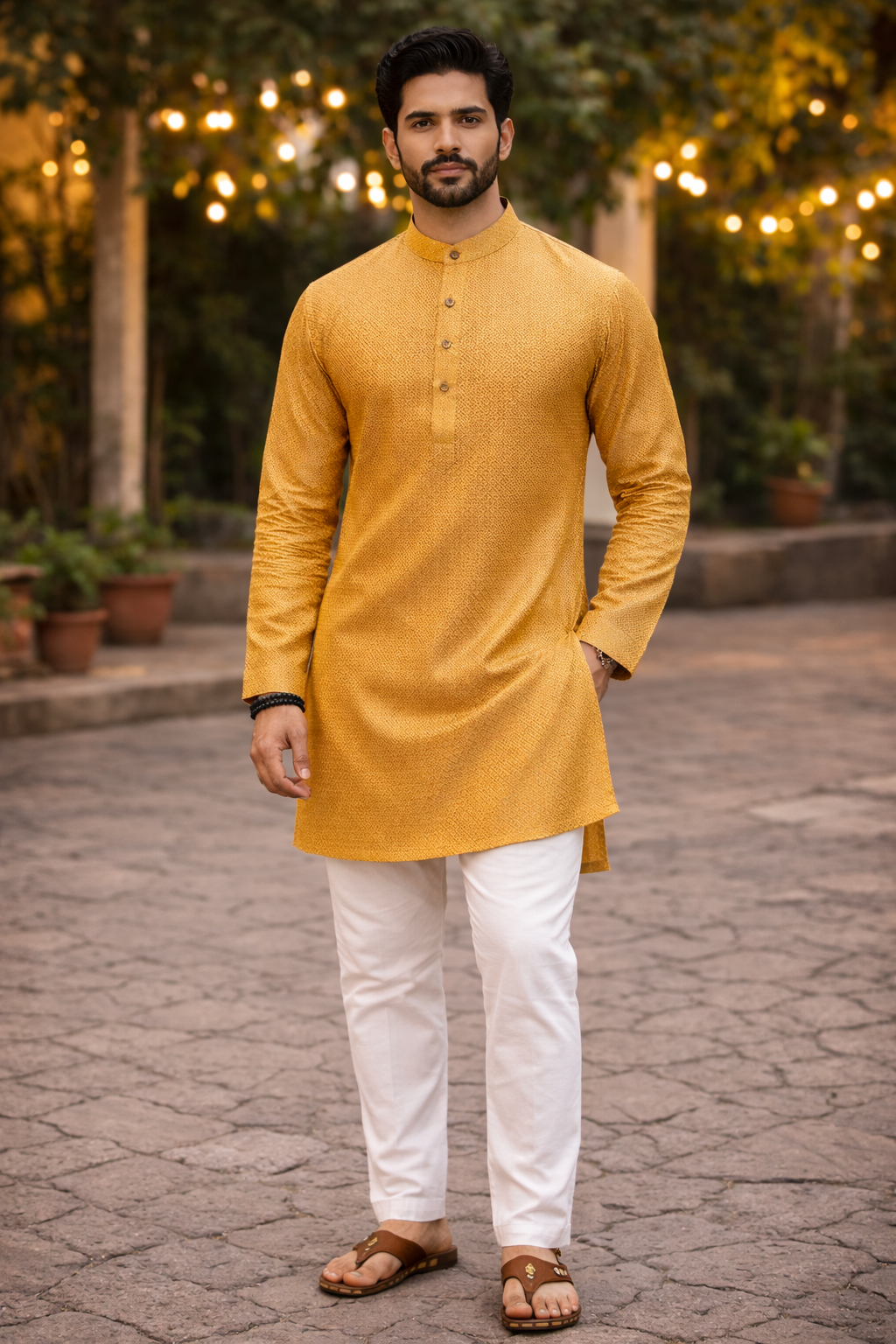 Tattva Men Woven Design Band Collar Straight Kurta