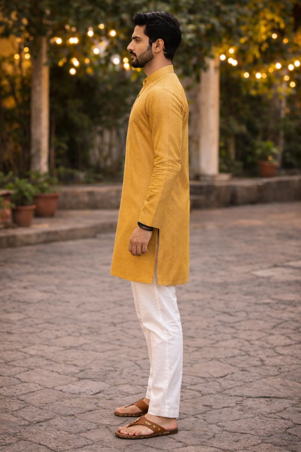 Tattva Men Woven Design Band Collar Straight Kurta