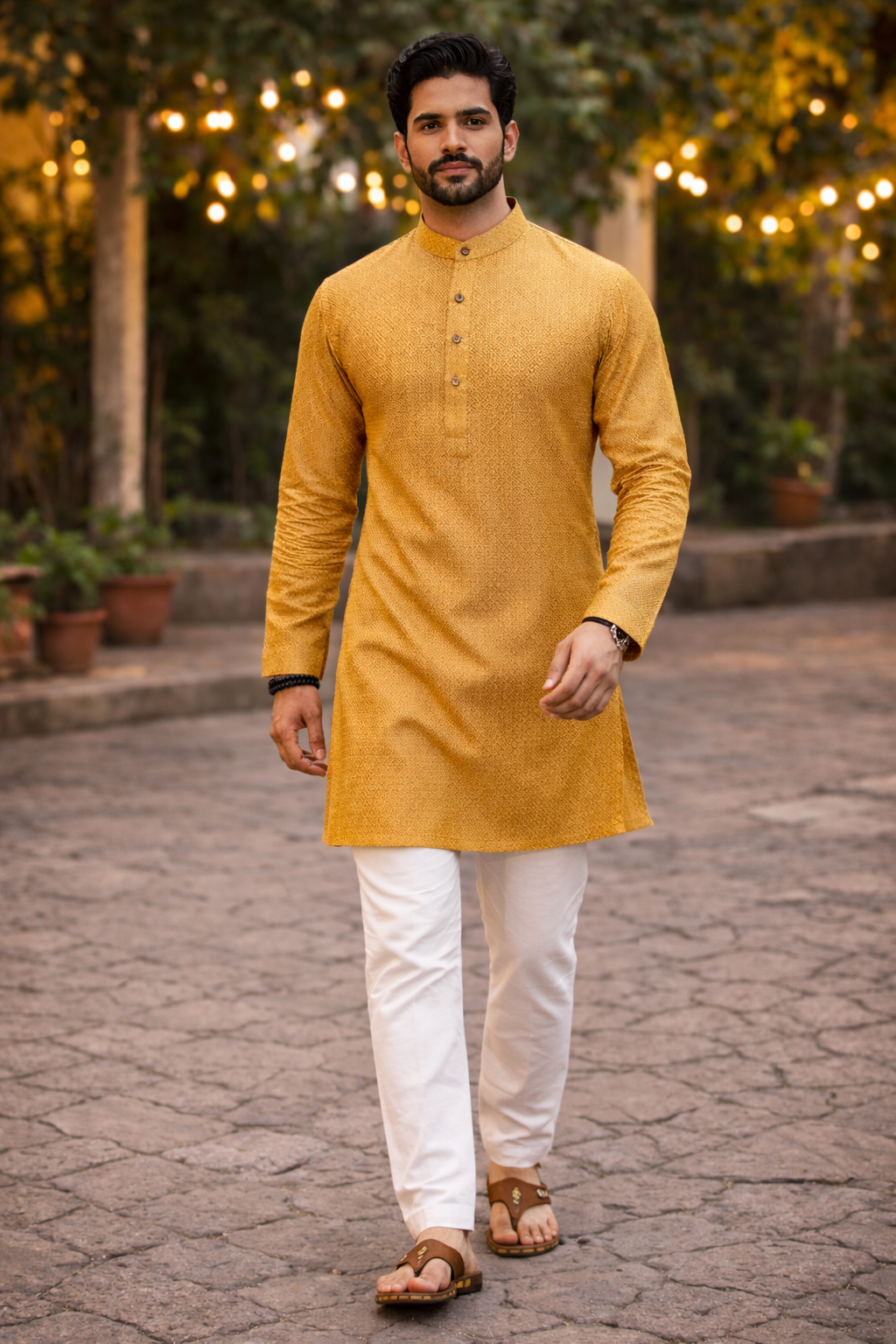 Tattva Men Woven Design Band Collar Straight Kurta