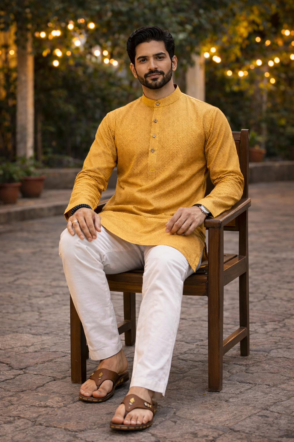 Tattva Men Woven Design Band Collar Straight Kurta