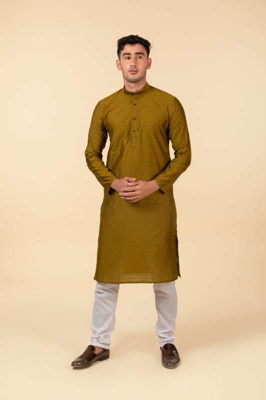 Olive Self Woven with Flower Design Kurta