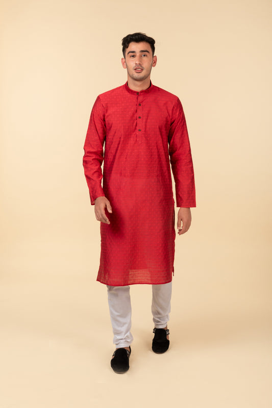 Red Self Woven with Flower Design Kurta