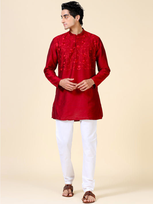 Tattva Men Embroidered Cotton Blend Asymmetric Kurta