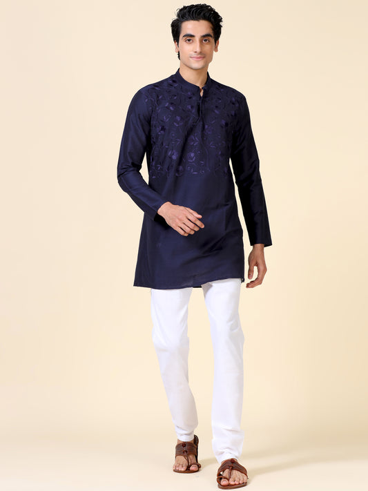 Tattva Men Embroidered Cotton Blend Asymmetric Kurta