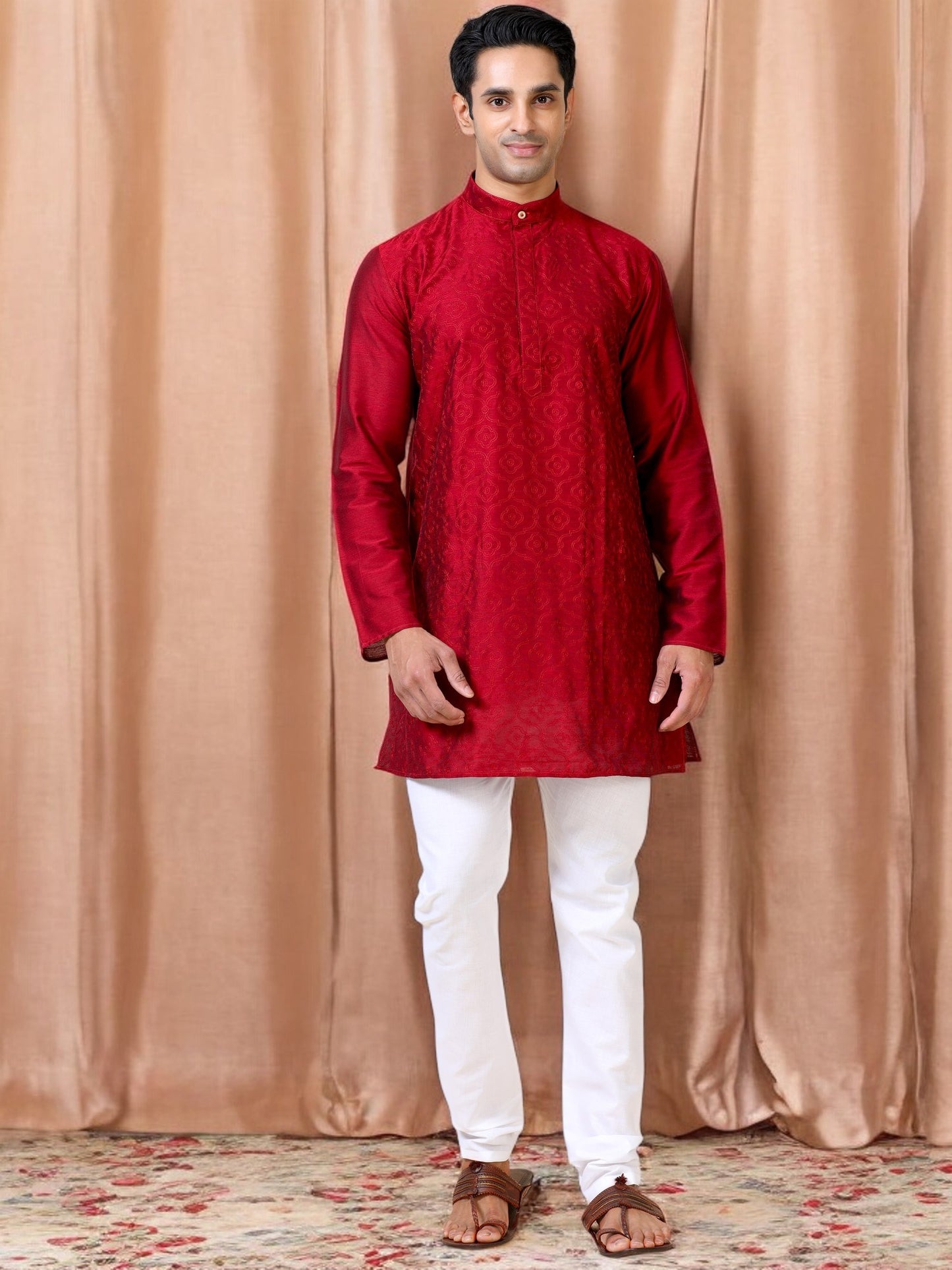 Tattva Men Embroidered Cotton Blend Straight Kurta