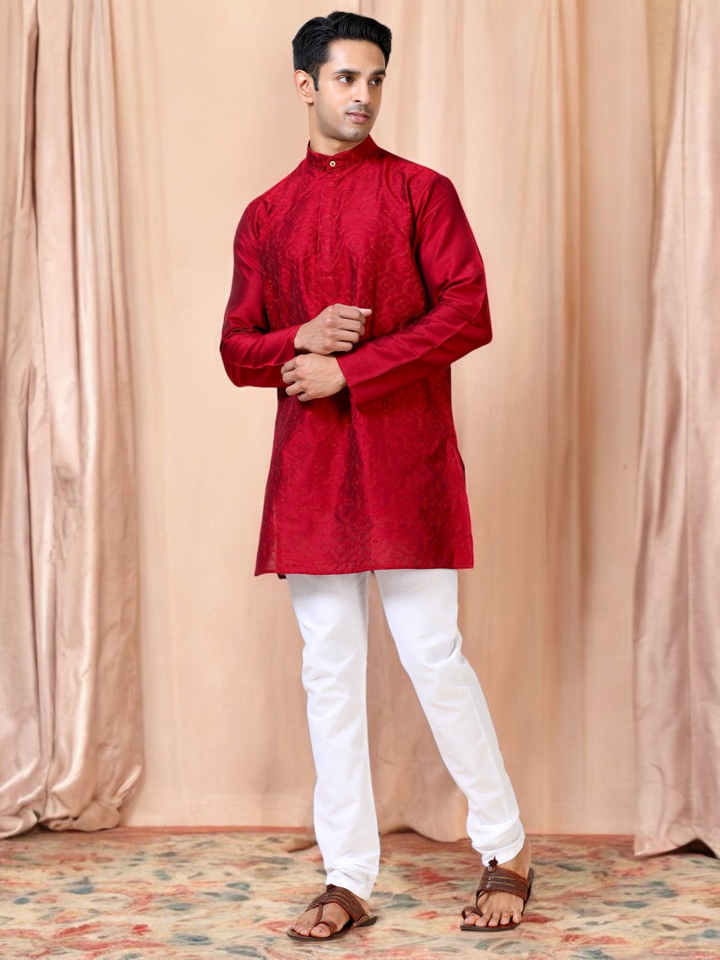 Tattva Men Embroidered Cotton Blend Straight Kurta