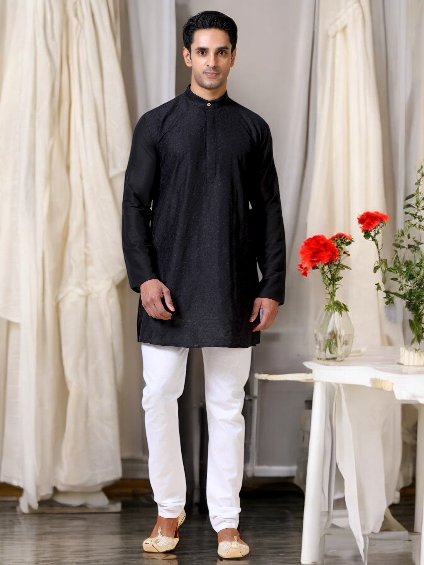 Tattva Men Embroidered Cotton Blend Straight Kurta