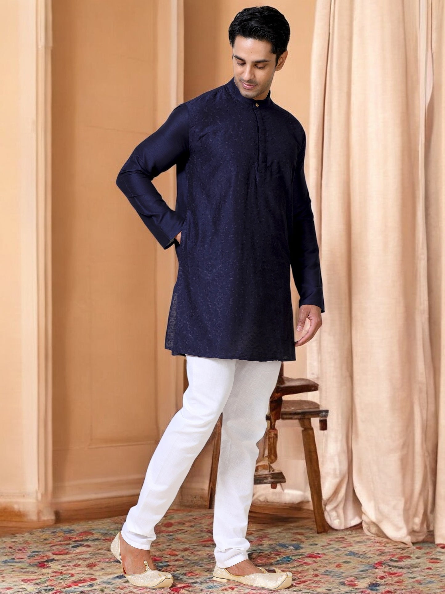 Tattva Men Embroidered Cotton Blend Straight Kurta