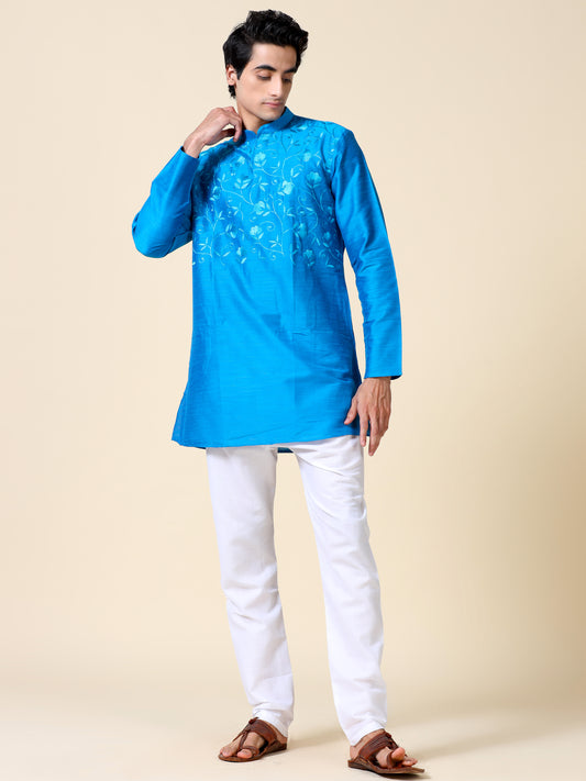 Tattva Men Embroidered Cotton Blend Asymmetric Kurta