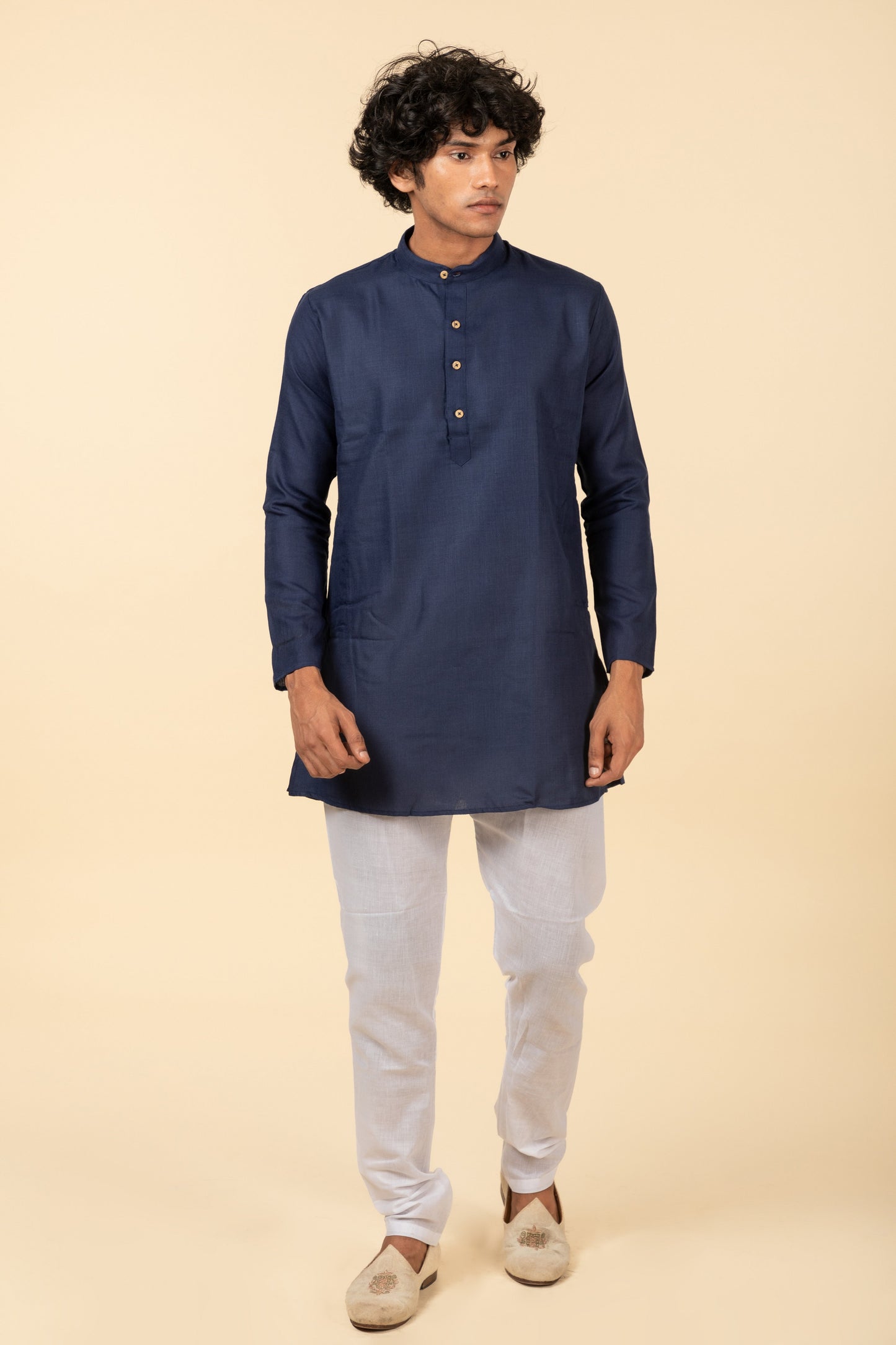 Tattva Plain Navy Blue Short Kurta with Madarin Collar