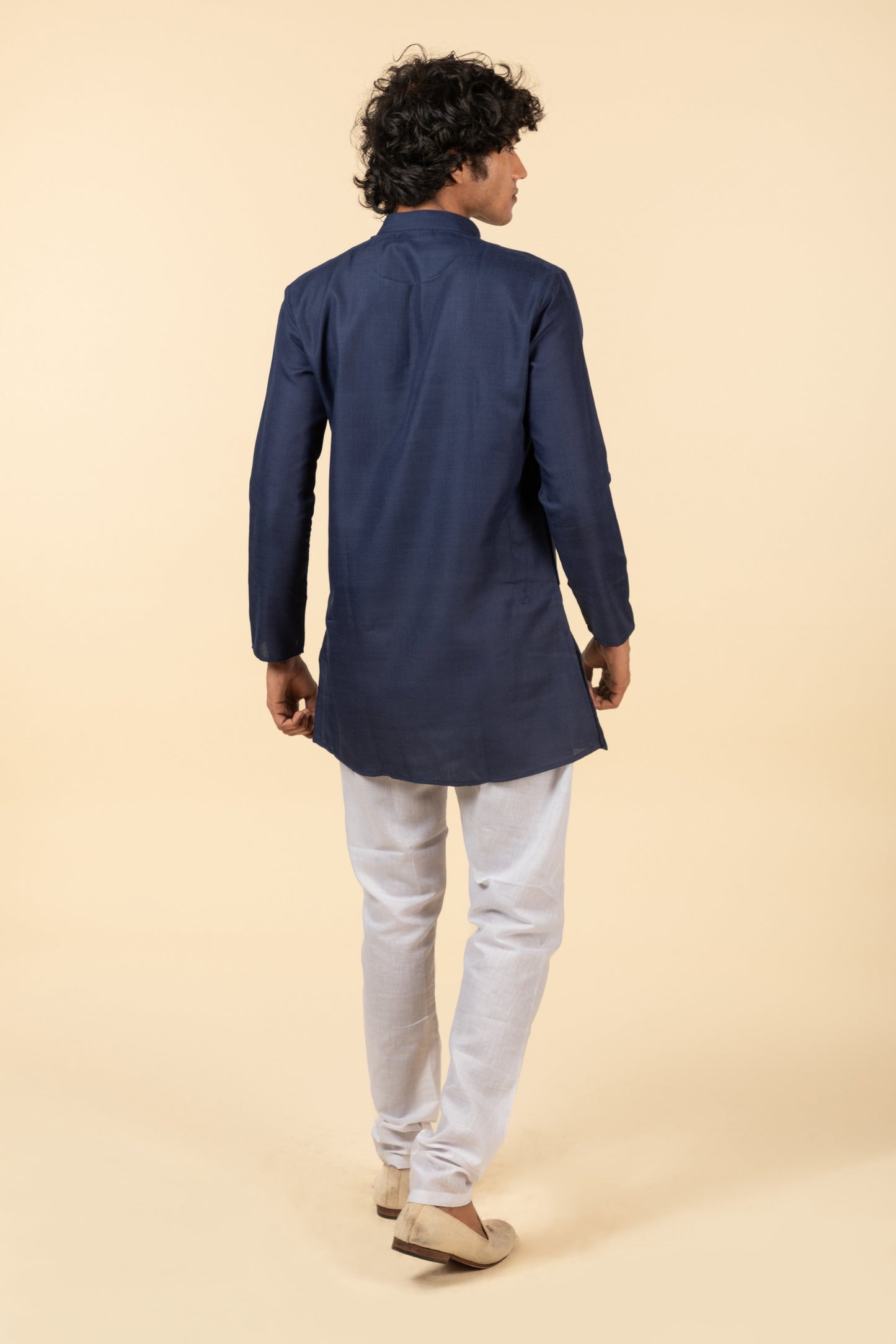 Tattva Plain Navy Blue Short Kurta with Madarin Collar