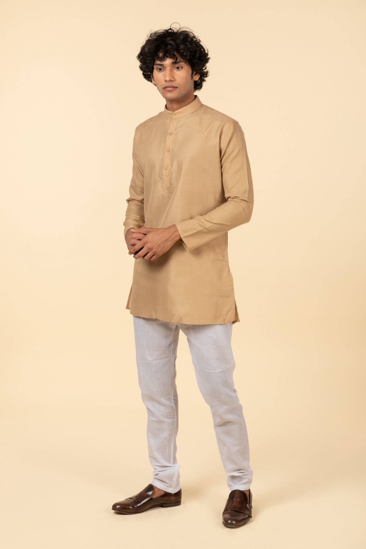 Tattva Plain Beige Short Kurta with Madarin Collar