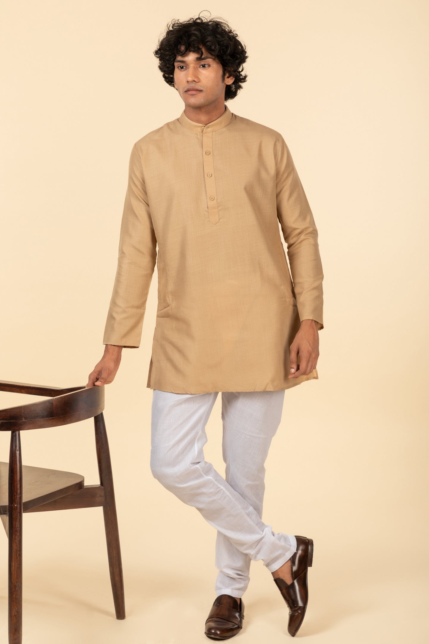 Tattva Plain Beige Short Kurta with Madarin Collar