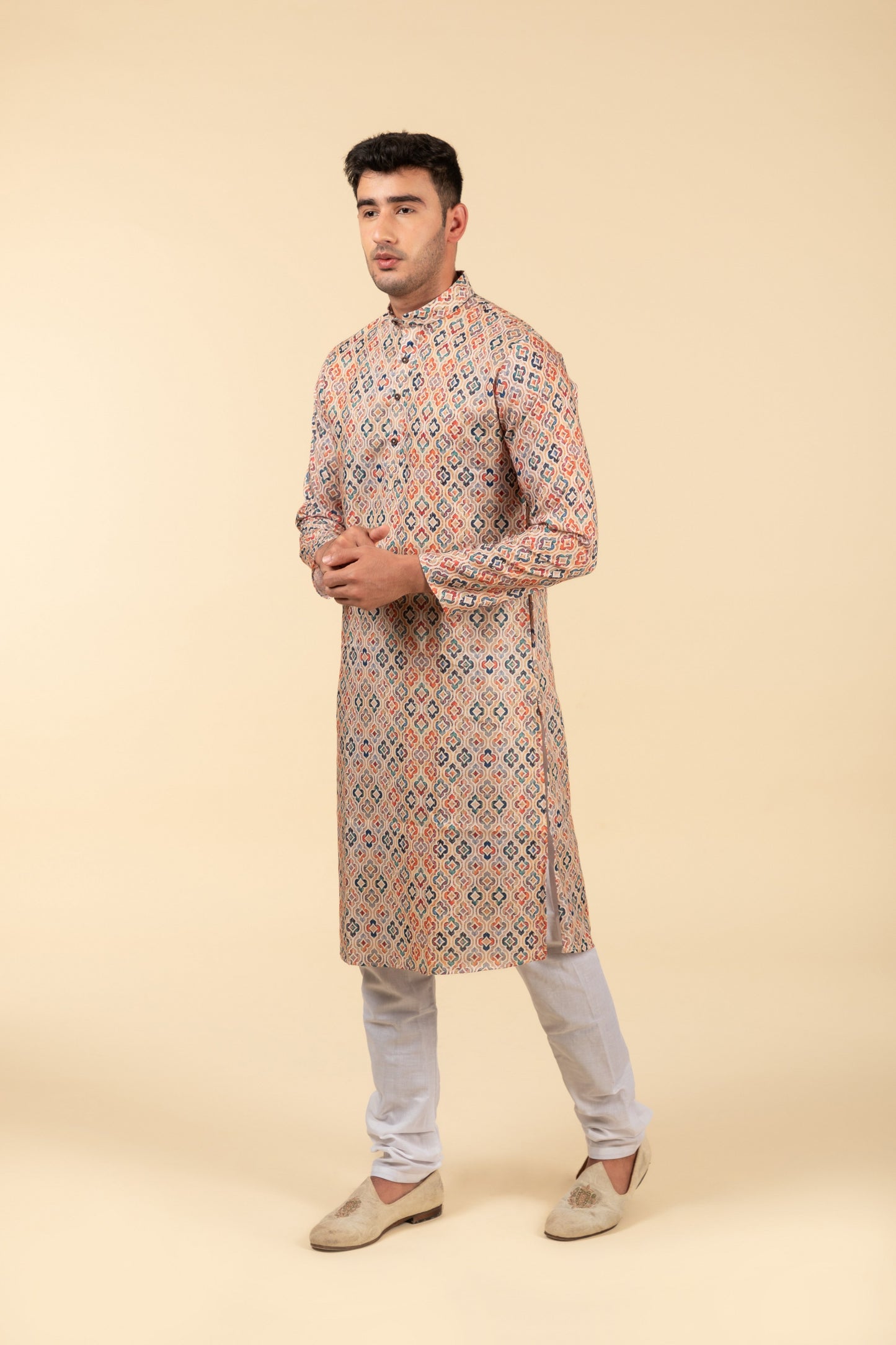 Beige Diamond & Flower Printed Long Kurta