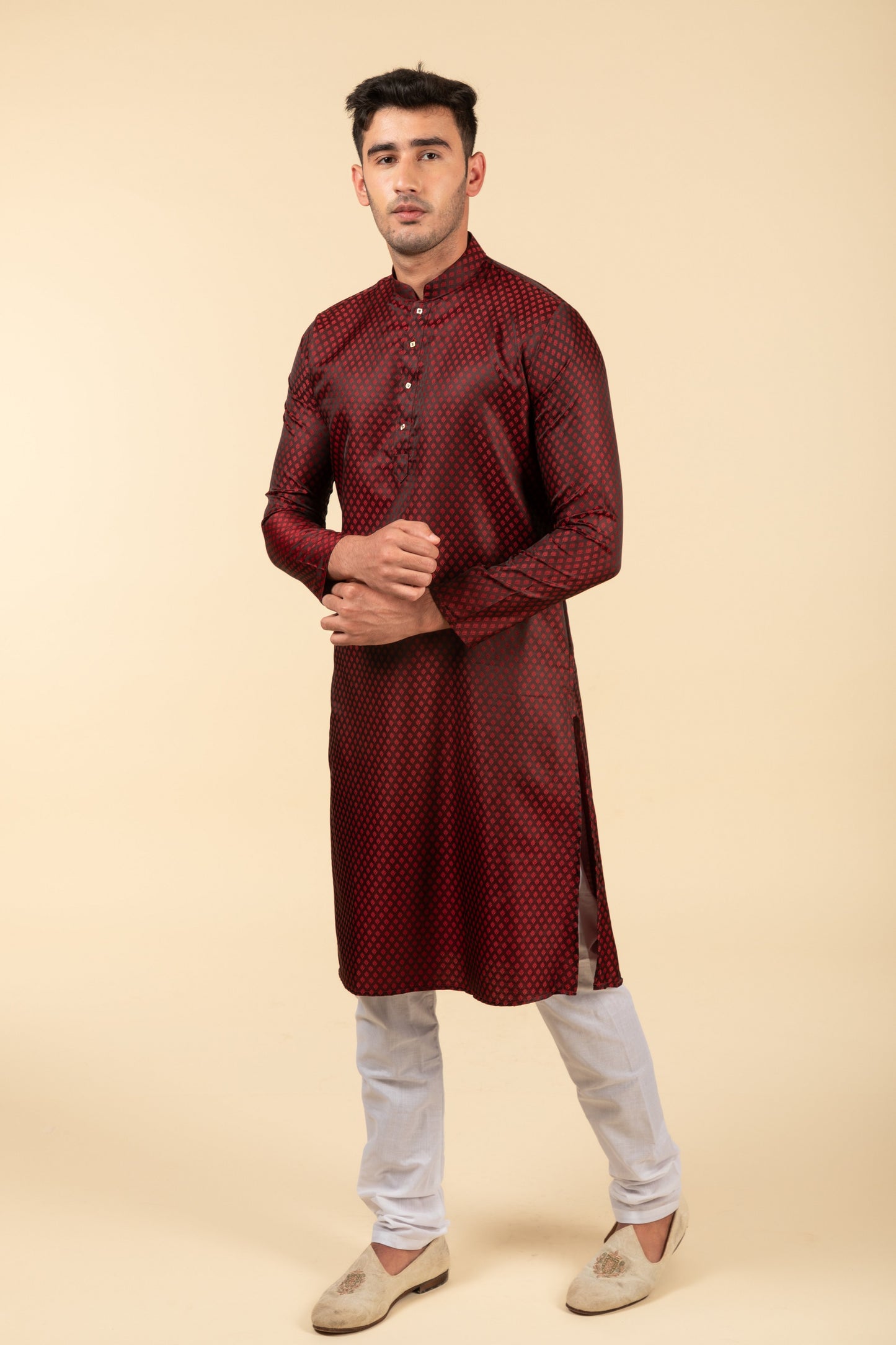 Maroon Jacquard Flower Printed Kurta