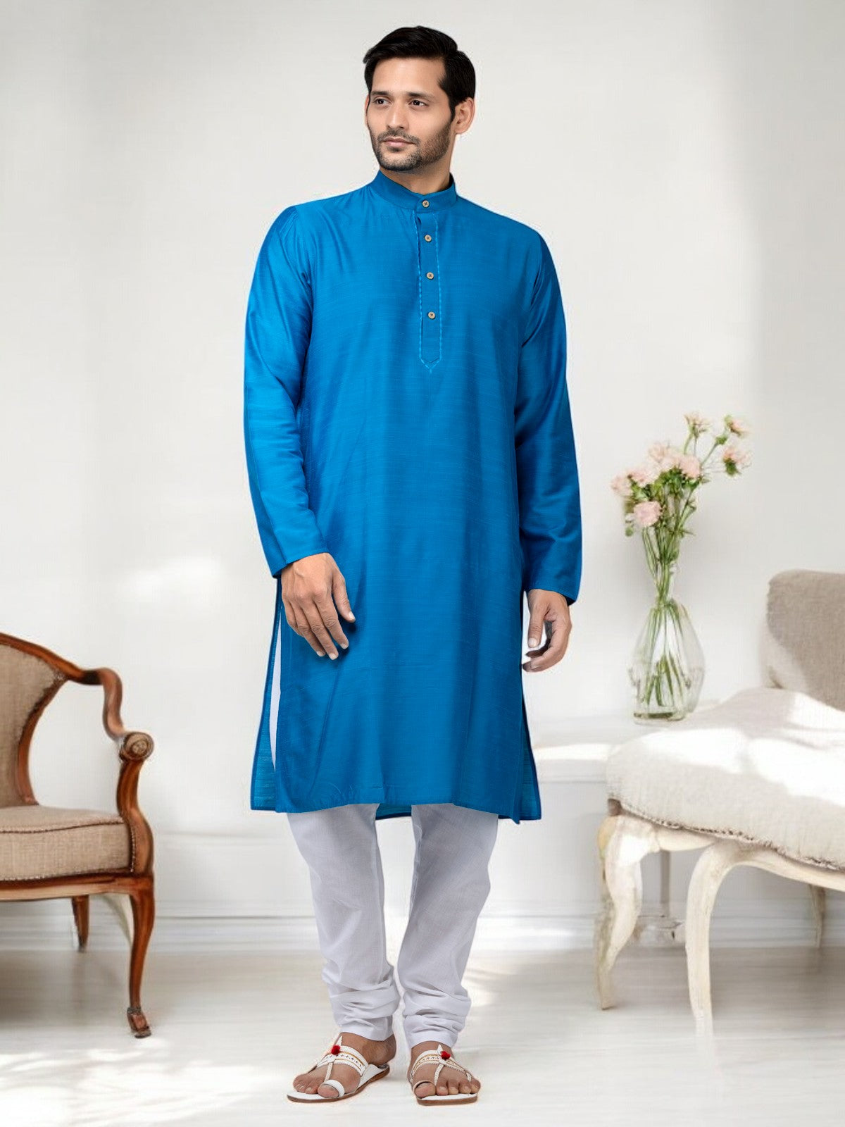 Sky Blue Cotton Kurta With White Pyjamas