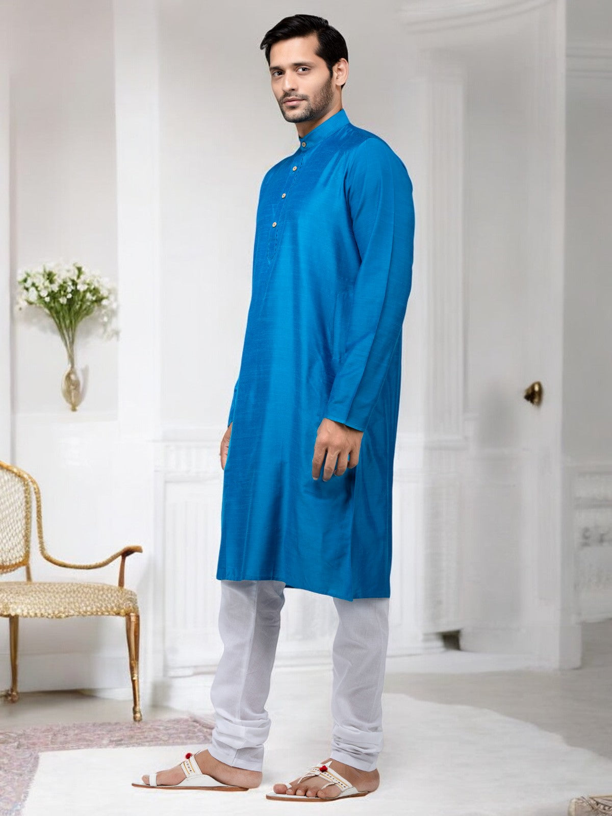 Sky Blue Cotton Kurta With White Pyjamas