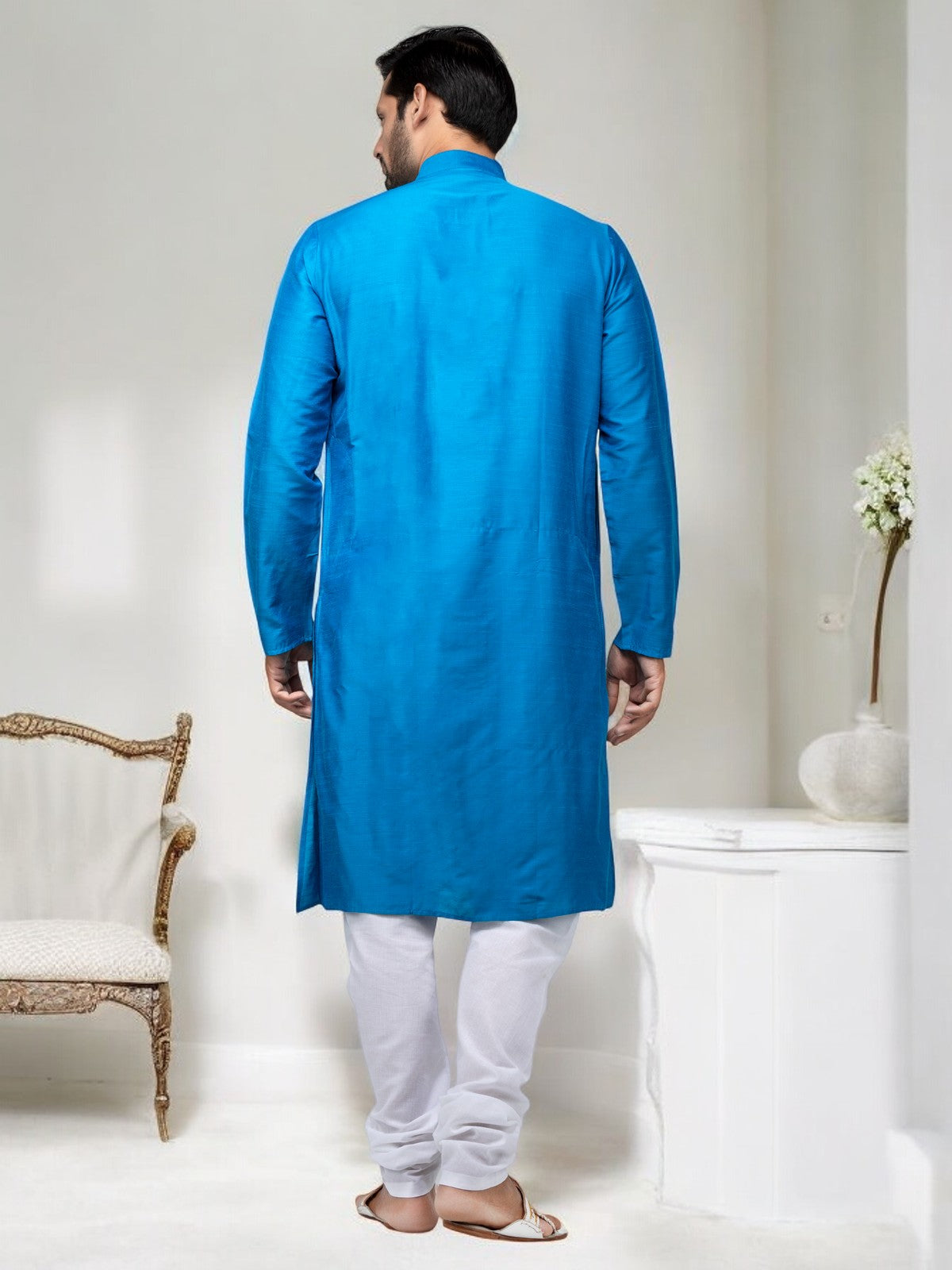 Sky Blue Cotton Kurta With White Pyjamas