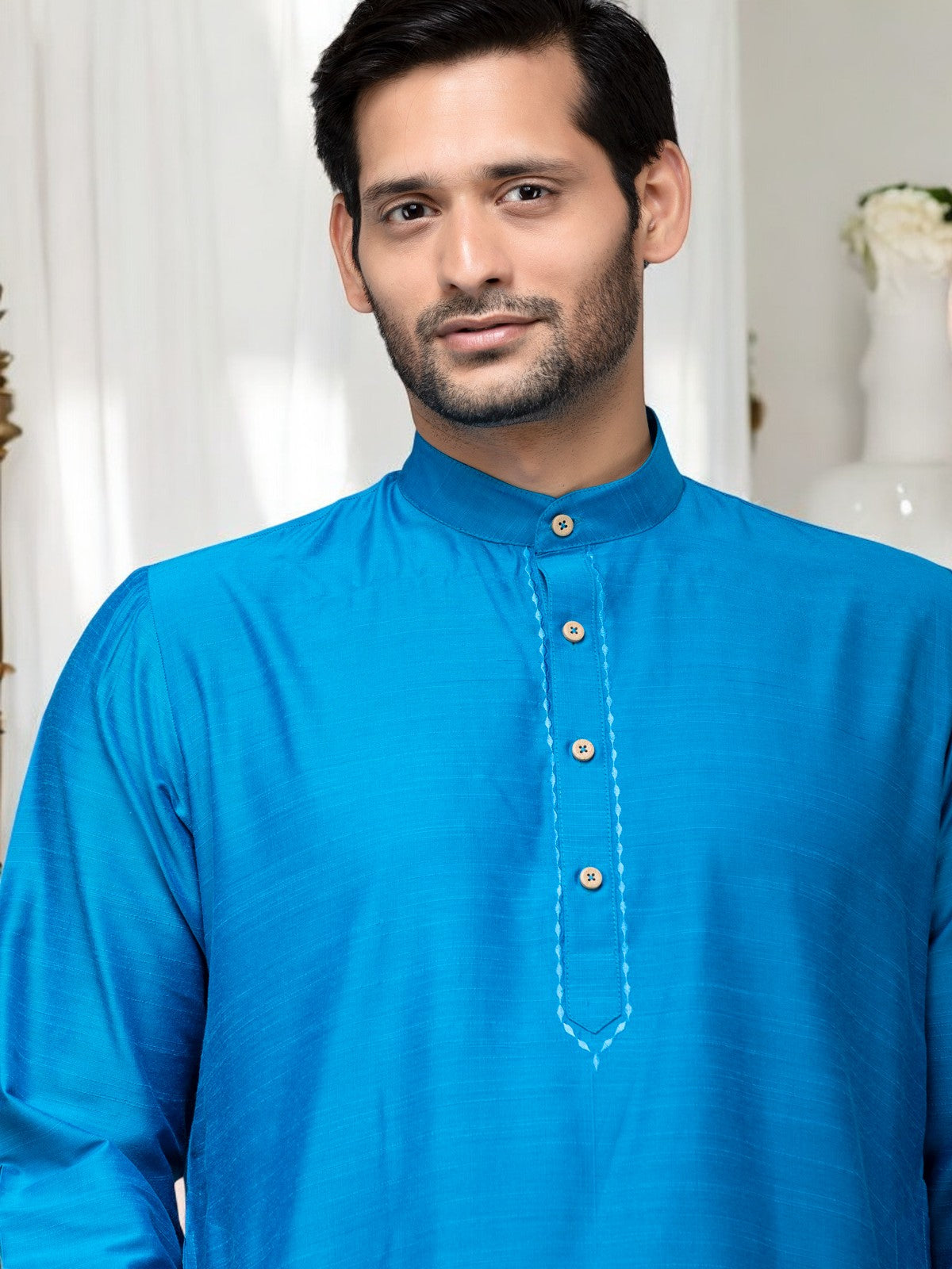 Sky Blue Cotton Kurta With White Pyjamas