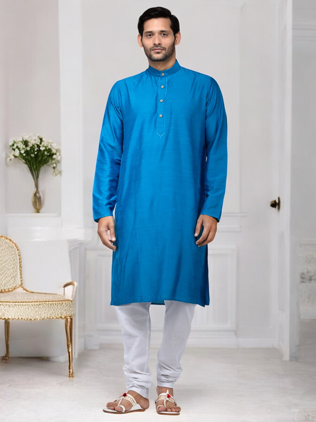 Sky Blue Cotton Kurta With White Pyjamas