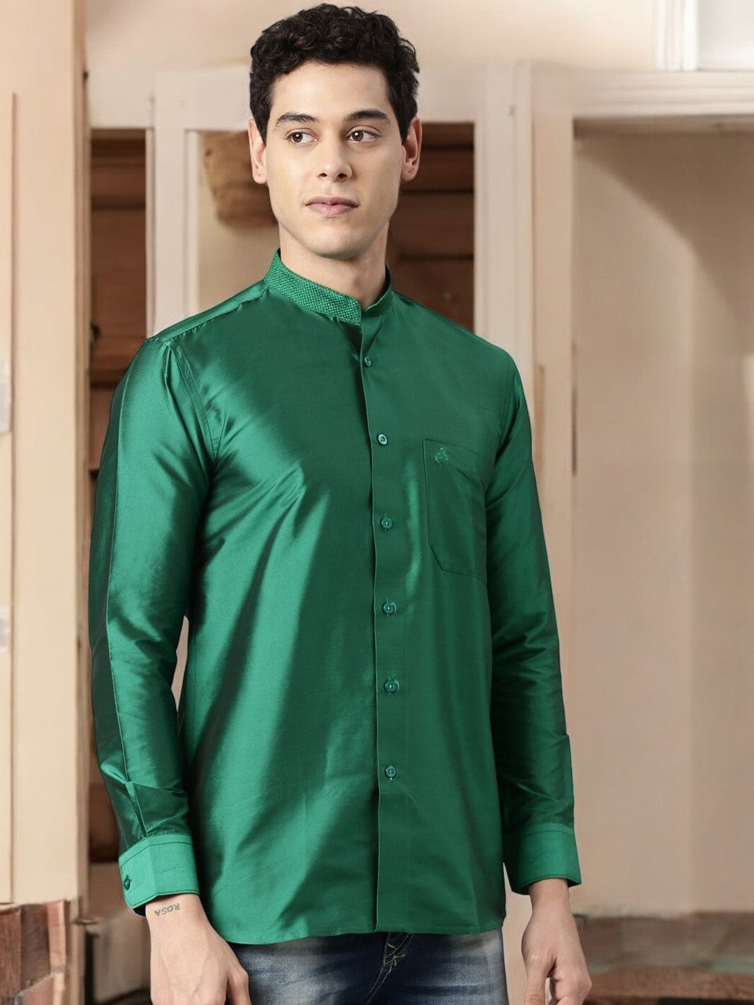 Green Color Art Silk Slim Fit Solid Party Shirt