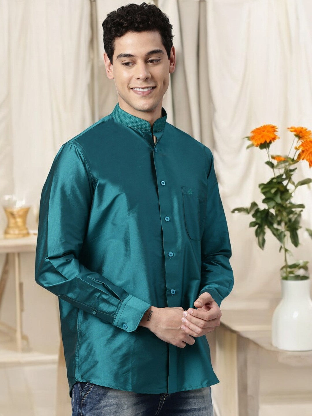 Sea Green Color Art Silk Slim Fit Solid Party Shirt