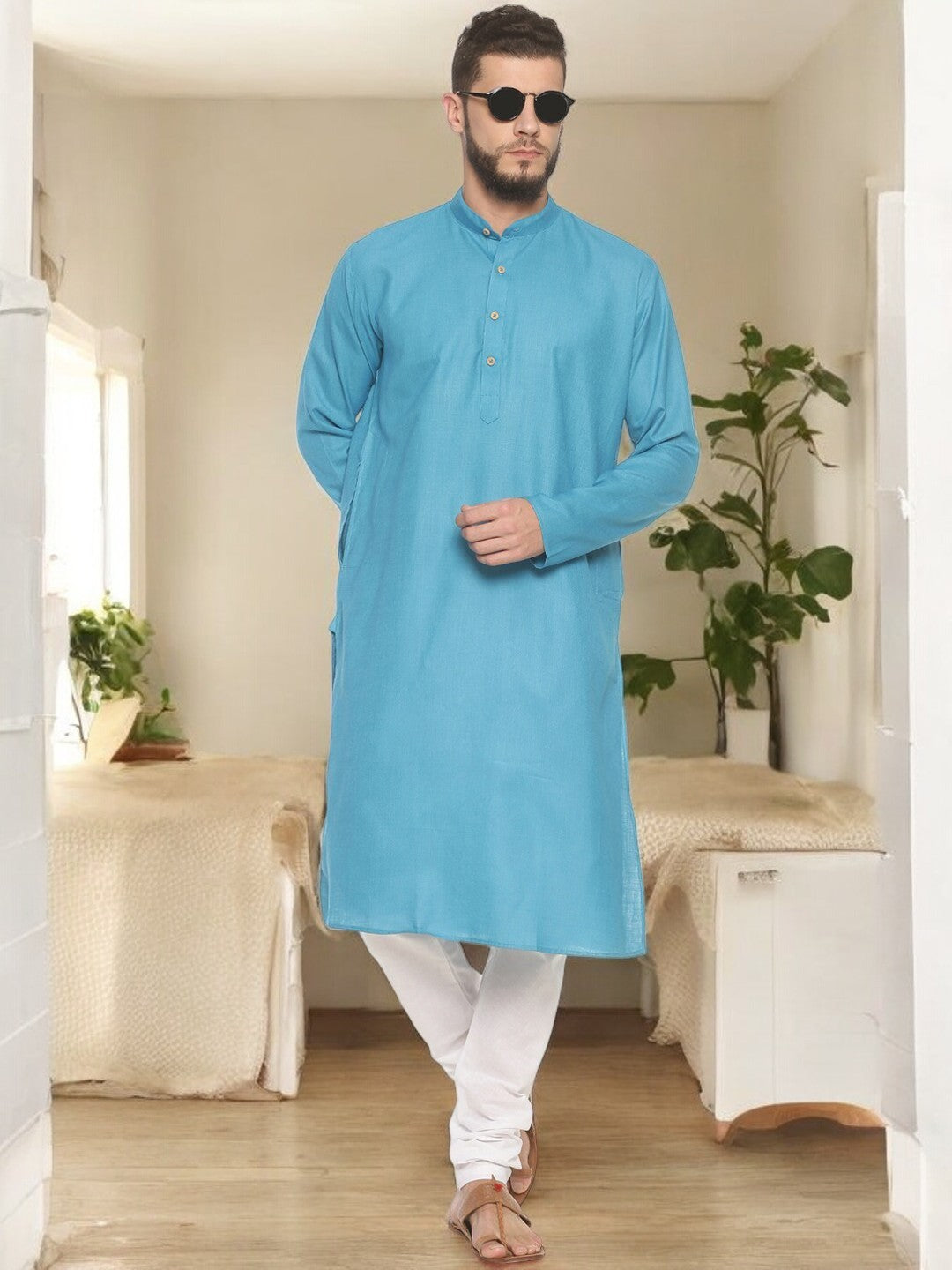 Sky Blue Cotton Kurta With Pyjamas