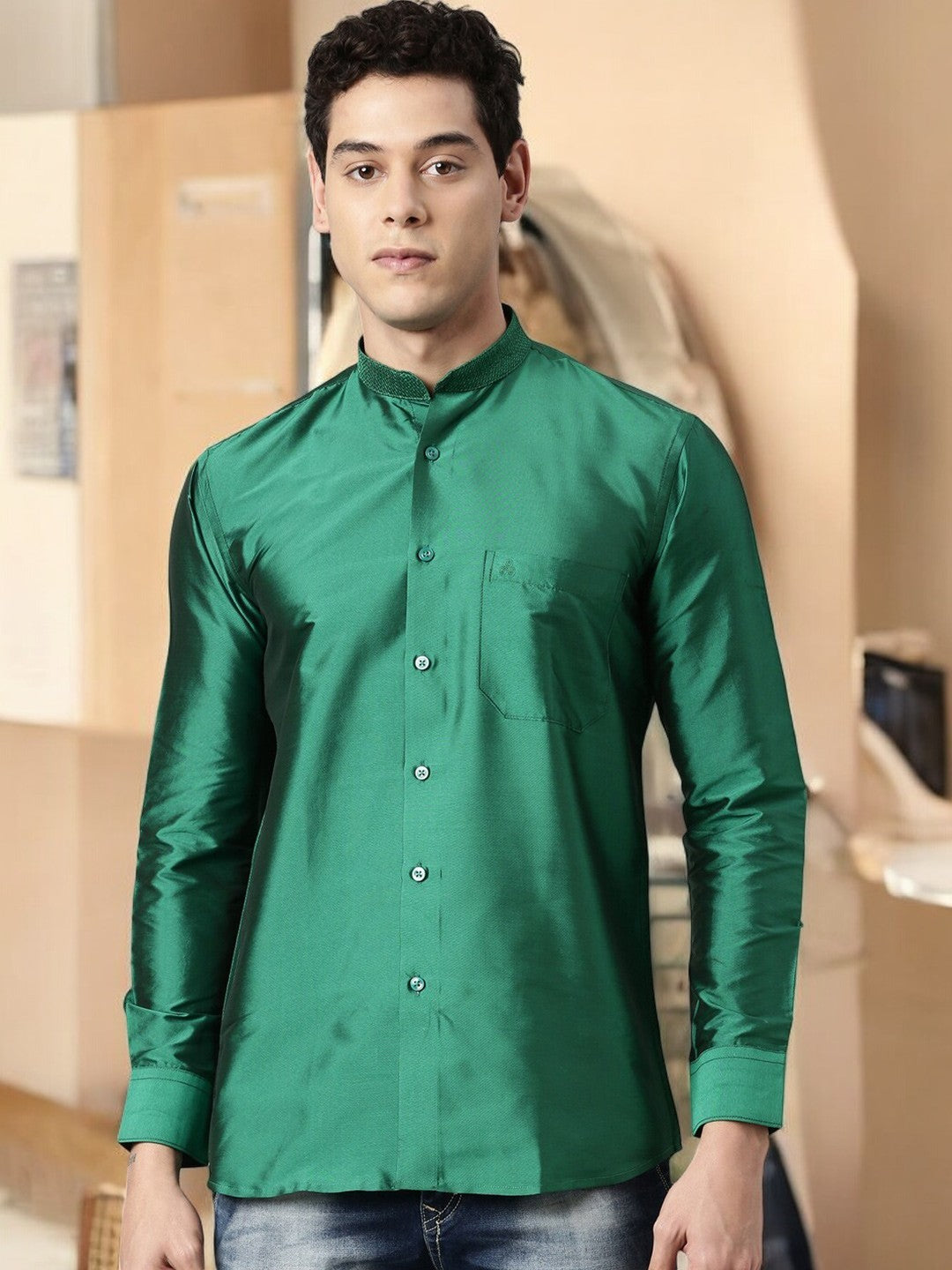 Green Color Art Silk Slim Fit Solid Party Shirt