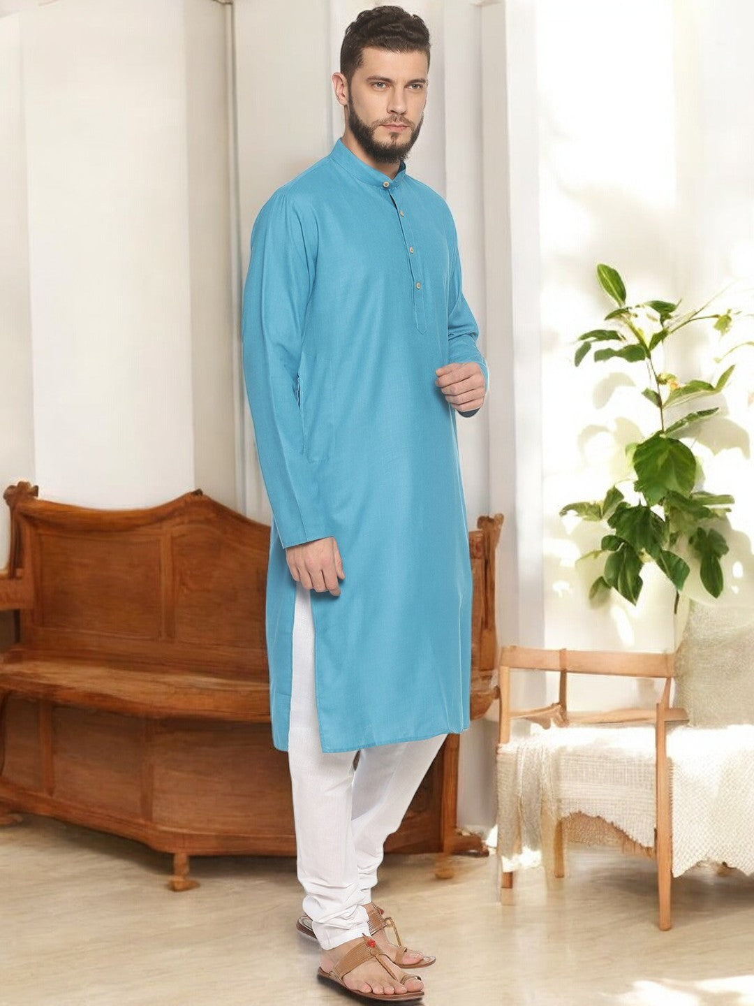 Sky Blue Cotton Kurta With Pyjamas