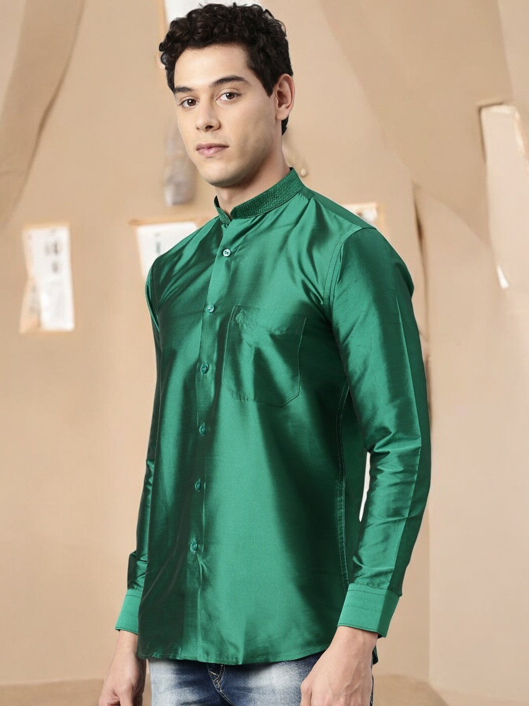 Green Color Art Silk Slim Fit Solid Party Shirt