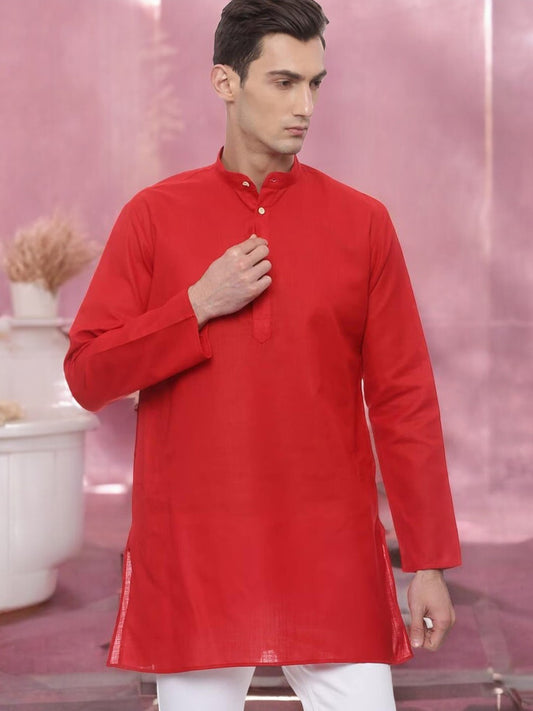 Red Solid Cotton Straight Short Kurta