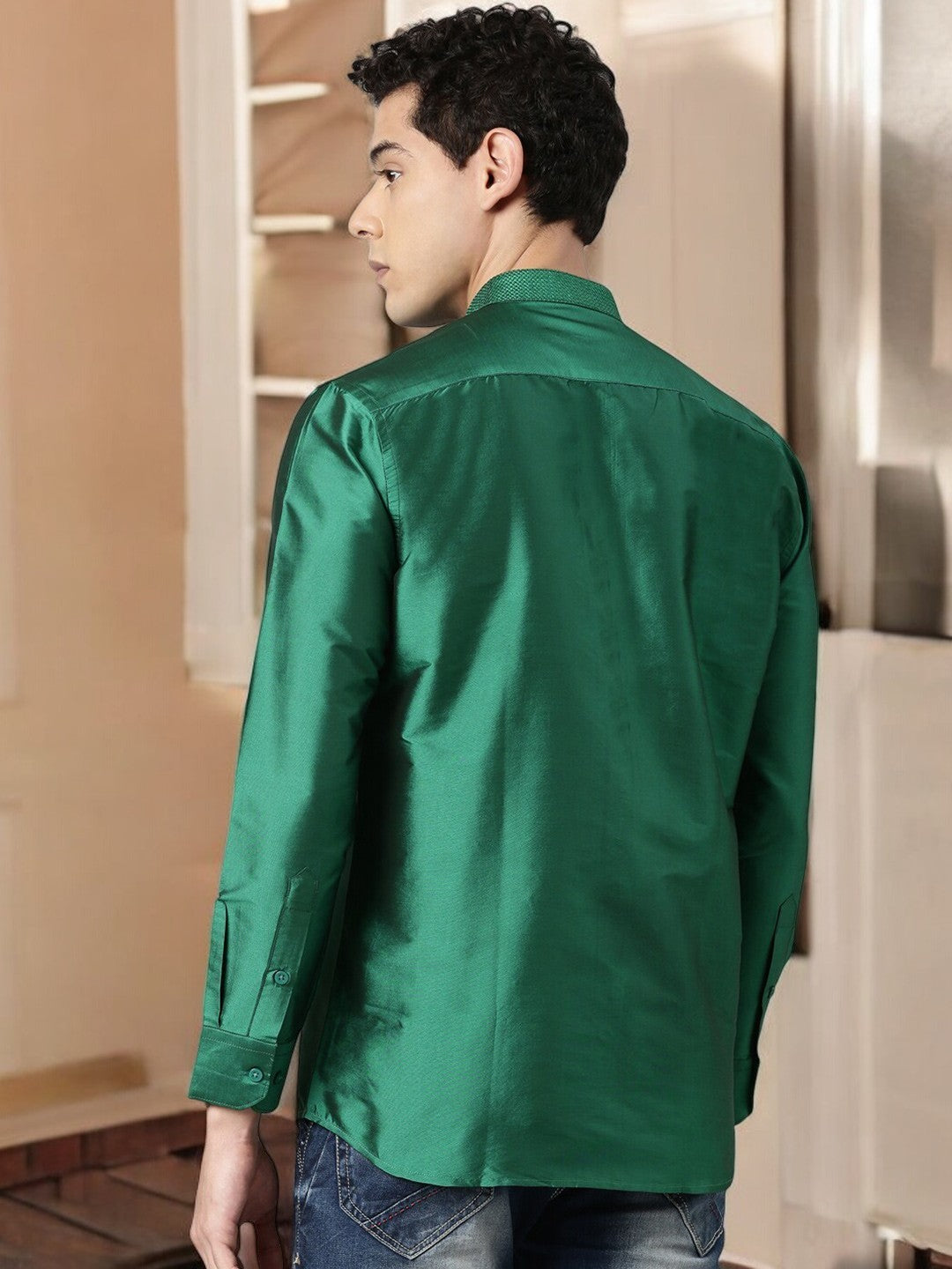 Green Color Art Silk Slim Fit Solid Party Shirt