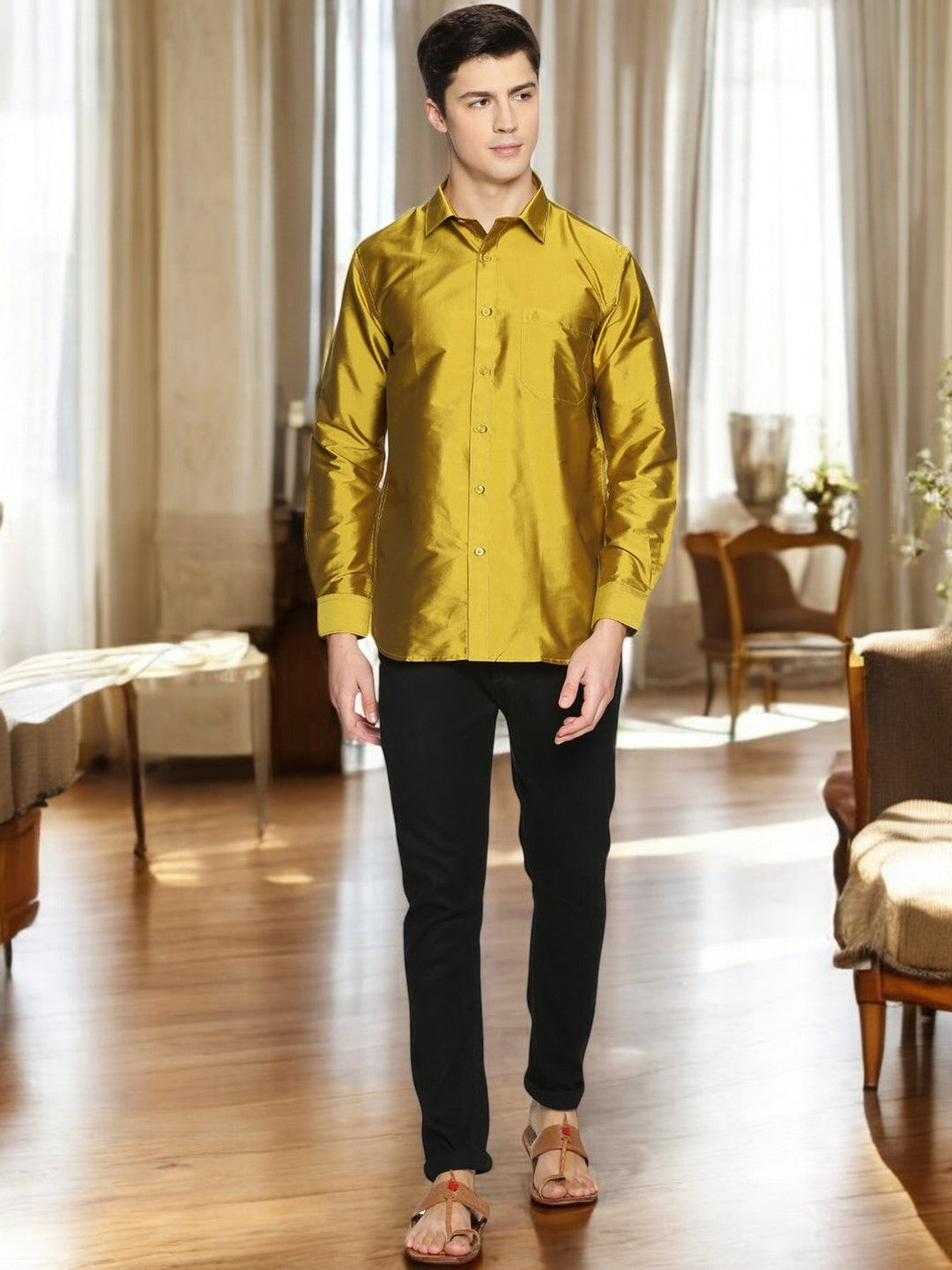 Tattva Men Gold-Toned Slim Fit Solid Casual Shirt