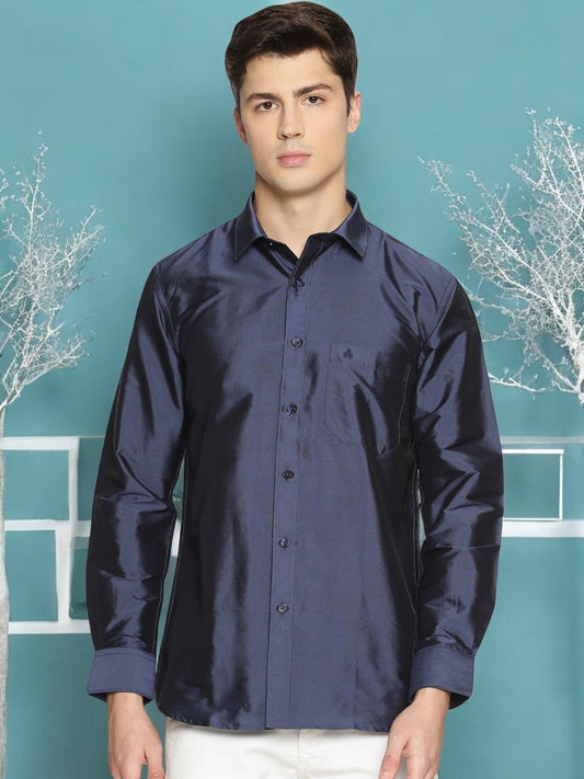 Navy Blue Polyester Slim Fit Party Shirt