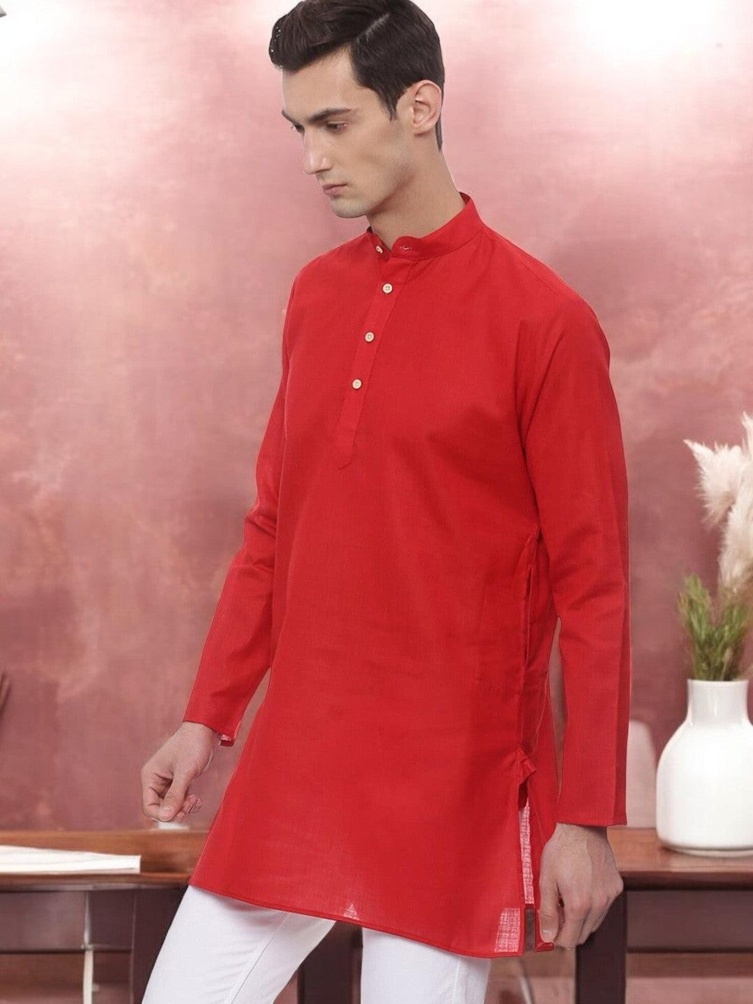 Red Solid Cotton Straight Short Kurta