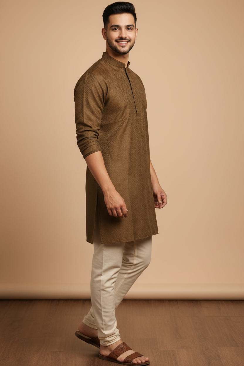 Tattva Men Olive Green Woven Design Straight Kurta